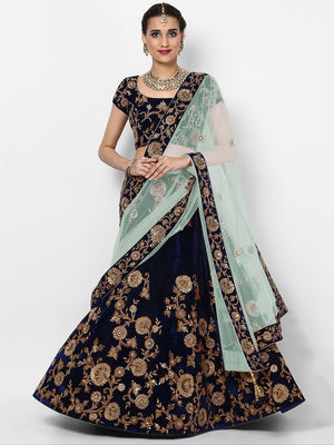 Rajwada Navy Blue Velvet Embroidered Semi-Stitched lehenga For Women