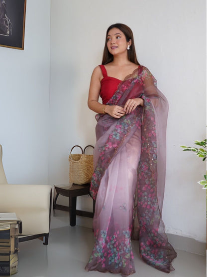 Rajwada Mauve Organza Printed Saree With Unstitched Blouse For Women