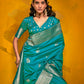 Rajwada Teal Silk Blend Woven Saree With Unstitched Blouse For Women