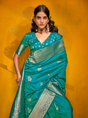 Rajwada Teal Silk Blend Woven Saree With Unstitched Blouse For Women