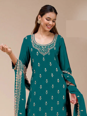 Rajwada Teal Blue Georgette Embellished Semi Stitched Kurta Set For Women