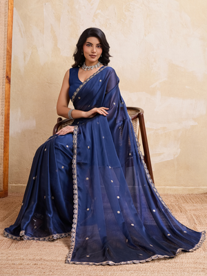 Rajwada Navy Blue Silk Blend Embroidered Saree For Women