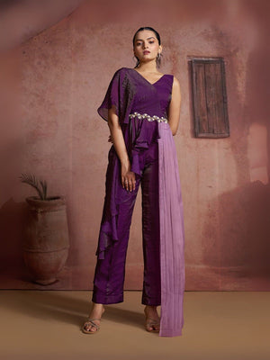 Rajwada Purple Cotton Blend Embellished Co-ord Set For Women