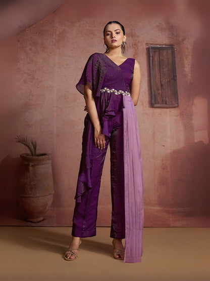 Rajwada Purple Cotton Blend Embellished Co-ord Set For Women