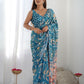 Rajwada Teal Chinon Printed Saree With Unstitched Blouse For Women
