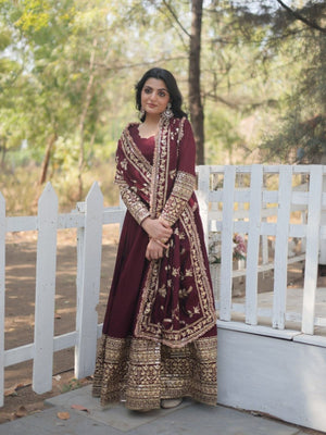 Rajwada Maroon Georgette Embroidered Stitched Gown With Dupatta For Women