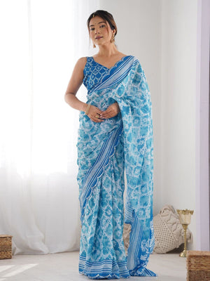 Rajwada Sky Blue Georgette Printed Saree For Women
