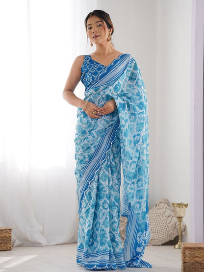 Rajwada Sky Blue Georgette Printed Saree For Women