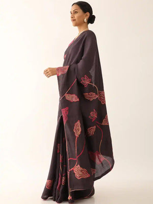 Rajwada Brown Satin Printed Saree With Unstitched Blouse For Women