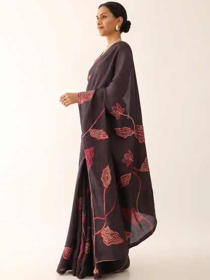 Rajwada Brown Satin Printed Saree With Unstitched Blouse For Women