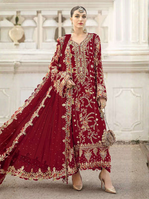 Rajwada Red Chiffon Embellished Semi-Stitched Kurta Set For Women