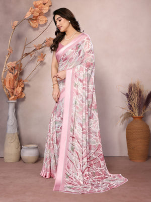 Rajwada Peach Satin Printed Saree With Unstitched Blouse For Women