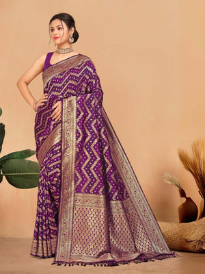 Rajwada Purple Woven Banasari Silk Saree with Unstitched Blouse for Women