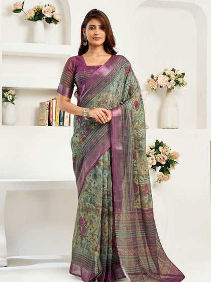 Rajwada Mauve And Green Cotton Linen Zari Work Saree For Women