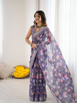Rajwada Lavender Linen Cotton Printed Saree For Women