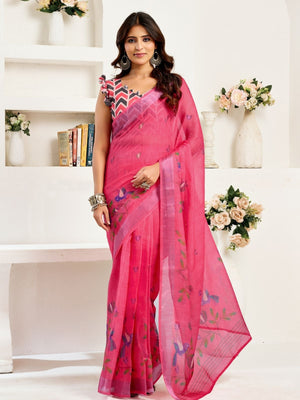 Rajwada Pink Cotton Linen Zari Work Saree For Women