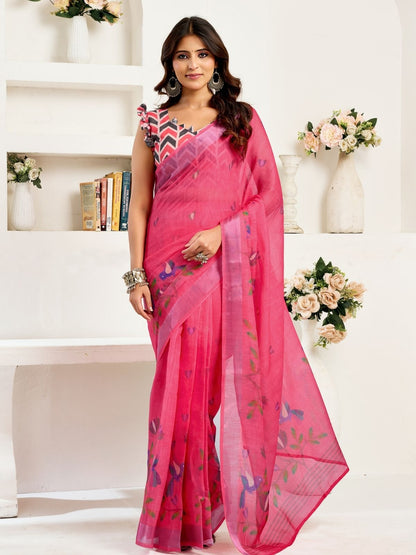 Rajwada Pink Cotton Linen Zari Work Saree For Women