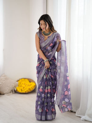 Rajwada Lavender Linen Cotton Printed Saree For Women