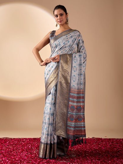 Rajwada Grey Silk Blend Printed Saree For Women