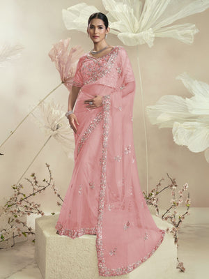 Rajwada Pink Net Embellished Elegant Saree For Women