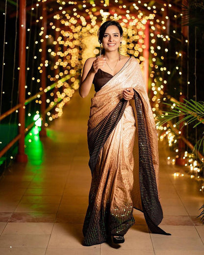 Rajwada Women Brown Silk Blend Designer Embroidery Saree With Unstitched Blouse
