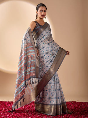 Rajwada Grey Silk Blend Printed Saree For Women
