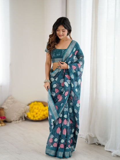 Rajwada Teal Blue Linen Cotton Printed Saree For Women