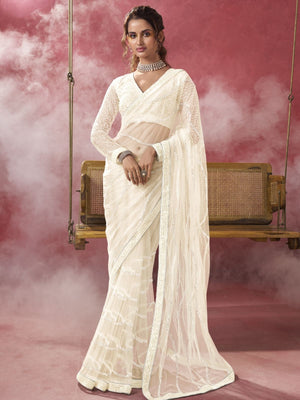 Rajwada White Net Embellished Elegant Saree For Women