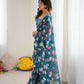 Rajwada Teal Blue Linen Cotton Printed Saree For Women