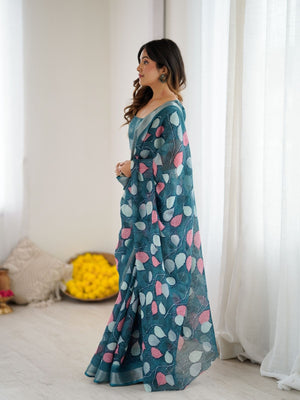 Rajwada Teal Blue Linen Cotton Printed Saree For Women