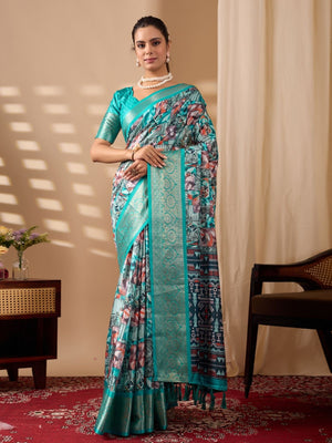 Rajwada Sea Green Silk Blend Printed Saree For Women