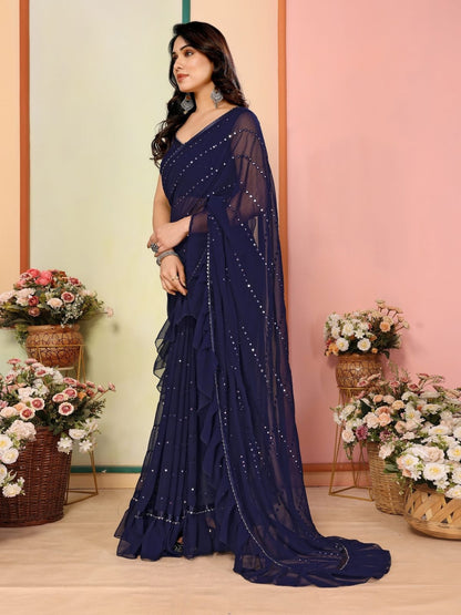 Rajwada Dark Blue Georgette Embellished Saree For Women
