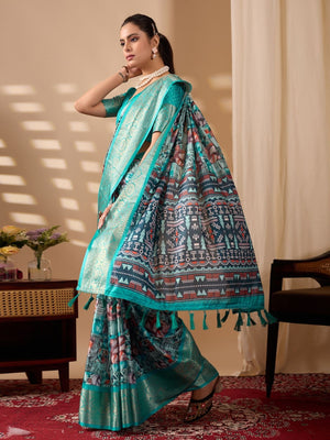 Rajwada Sea Green Silk Blend Printed Saree For Women