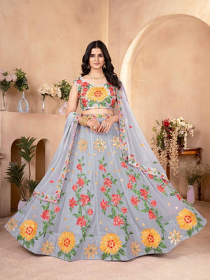 Rajwada Grey Georgette Embroidered Semi-Stitched lehenga For Women