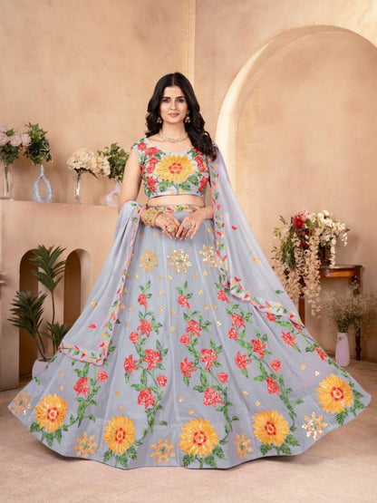 Rajwada Grey Georgette Embroidered Semi-Stitched lehenga For Women