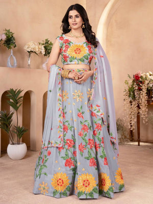 Rajwada Grey Georgette Embroidered Semi-Stitched lehenga For Women