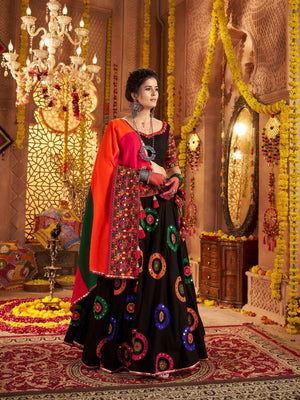 Rajwada Black Viscose Cotton Embroidered Semi-Stitched lehenga With Stunning Tassels For Women
