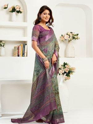 Rajwada Mauve And Green Cotton Linen Zari Work Saree For Women