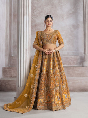 Rajwada Mustard Banarasi Silk Embroidered Semi-Stitched Lehenga For Women