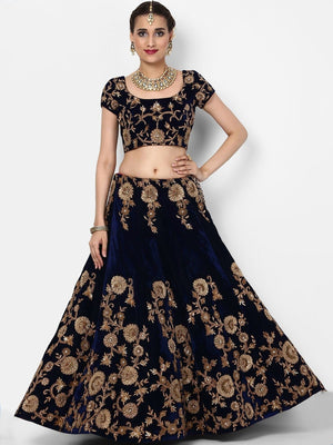 Rajwada Navy Blue Velvet Embroidered Semi-Stitched lehenga For Women