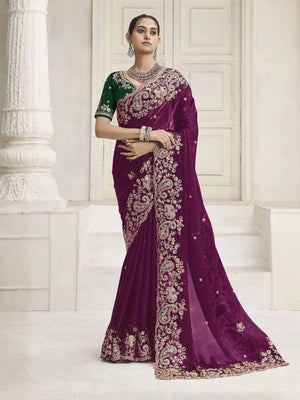 Rajwada Purple Satin Embroidered Saree For Women