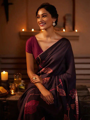 Rajwada Brown Satin Printed Saree With Unstitched Blouse For Women