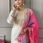 Rajwada Off White Viscose Embroidered Stitched Kurta Set For Women