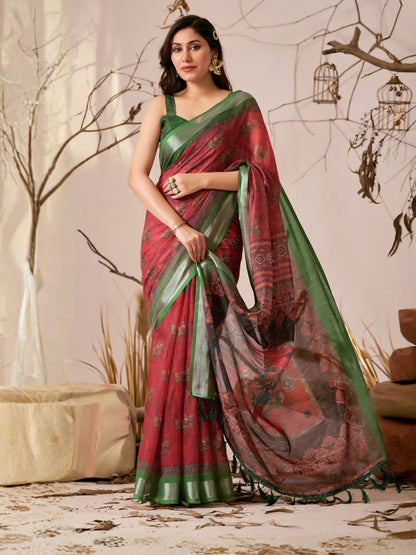 Rajwada Multicolor Linen Cotton Printed Saree For Women