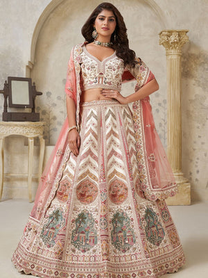Rajwada Cream Silk Blend Embroidered Semi-Stitched Lehenga For Women