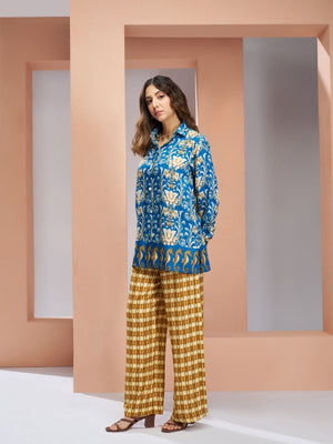 Rajwada Blue Linen Printed Stitched Co-Ord Set For Women