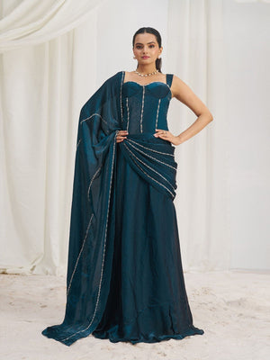 Rajwada Blue Organza Embellished Ready To Wear Saree With Stitched Blouse For Women