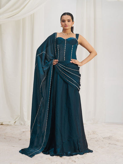 Rajwada Blue Organza Embellished Ready To Wear Saree With Stitched Blouse For Women