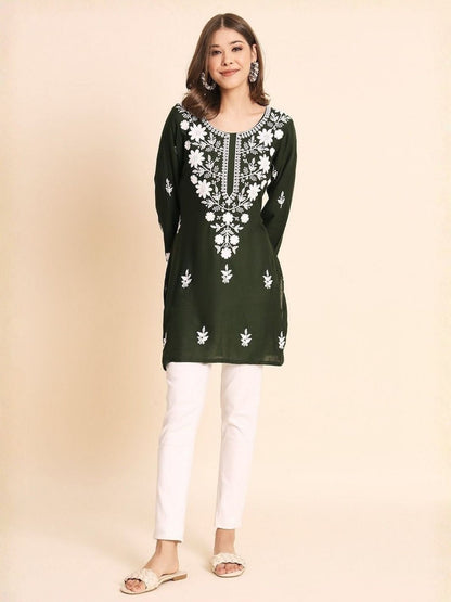 Rajwada Olive Green Rayon Embroidered Kurti For Women