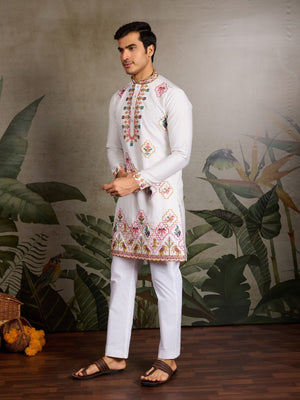 Rajwada White Silk Blend Embroidered Stitched Kurta For Men
